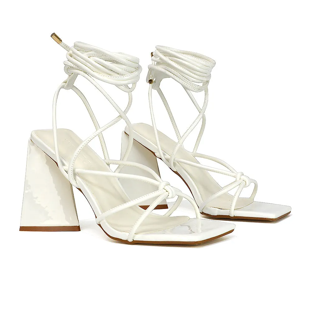 Krystal Strappy Lace Up Square Toe Flared Block High Heel in White Patent