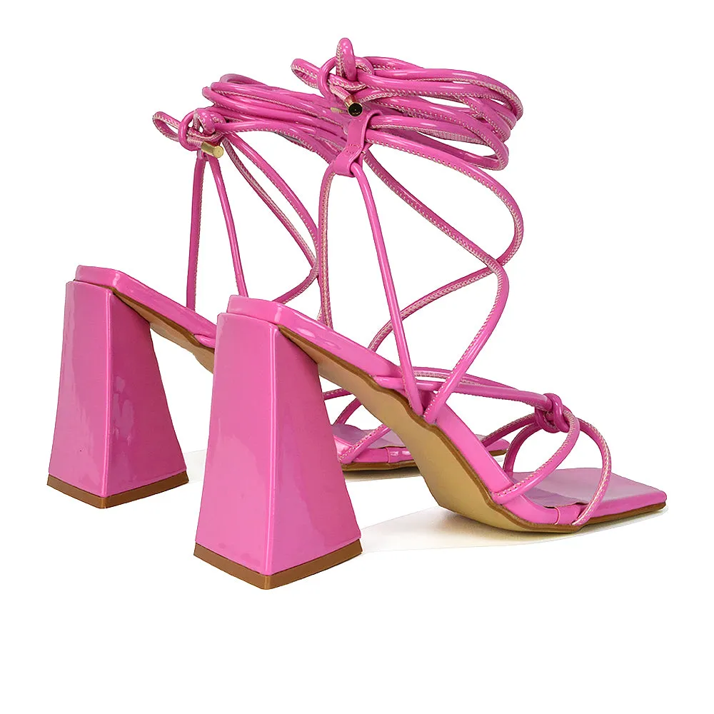 Krystal Strappy Lace Up Square Toe Flared Block High Heel in White Patent