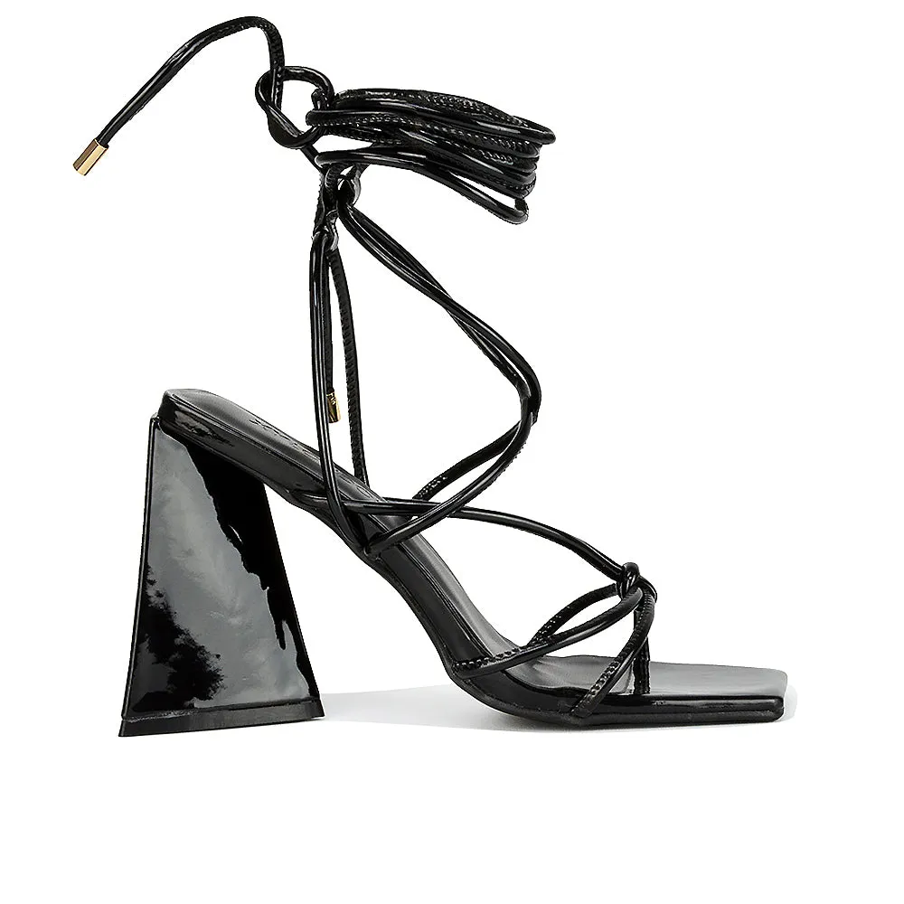 Krystal Strappy Lace Up Square Toe Flared Block High Heel in White Patent