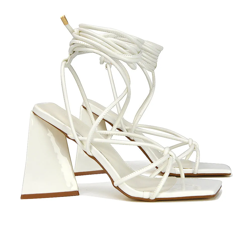 Krystal Strappy Lace Up Square Toe Flared Block High Heel in White Patent