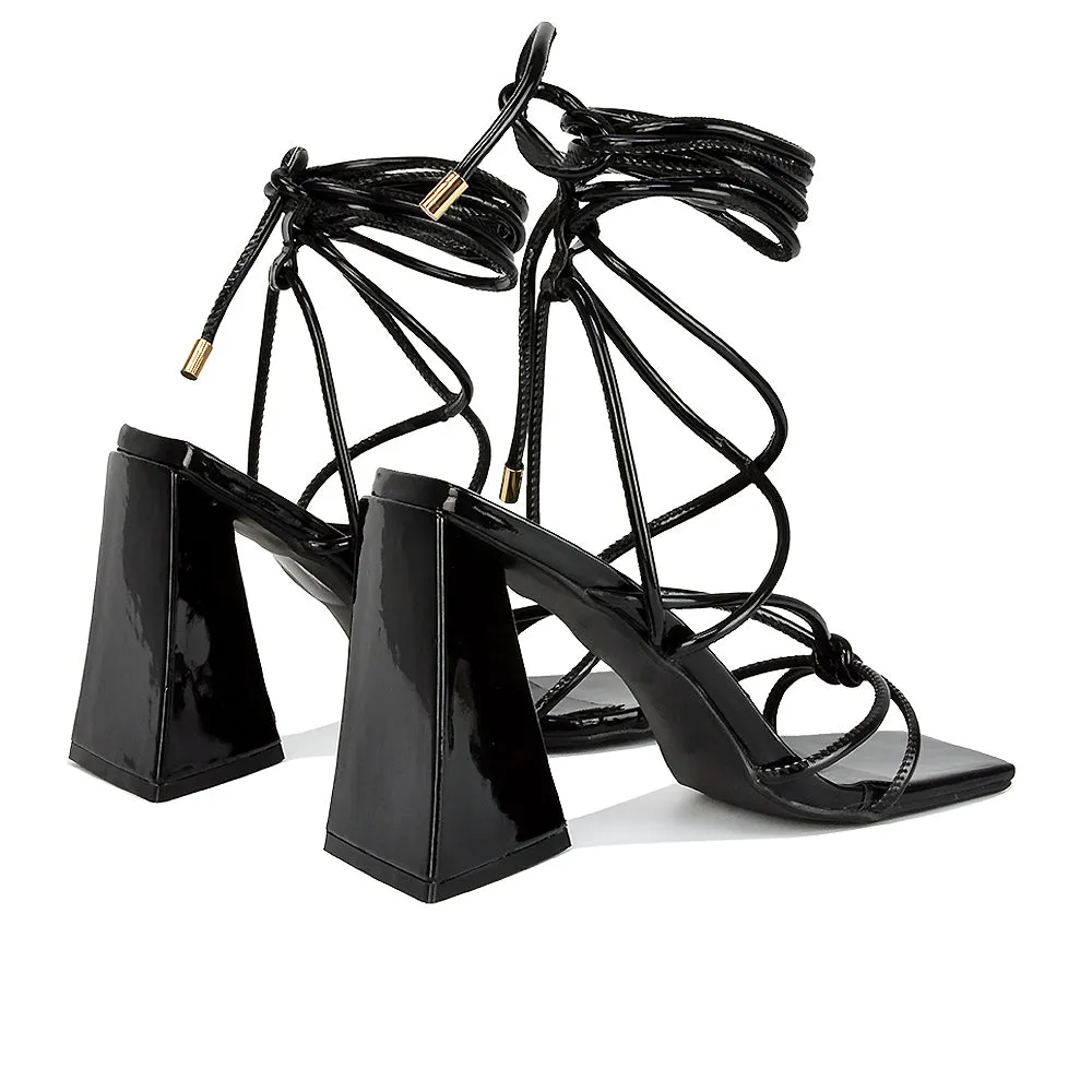 Krystal Strappy Lace Up Square Toe Flared Block High Heel in White Patent