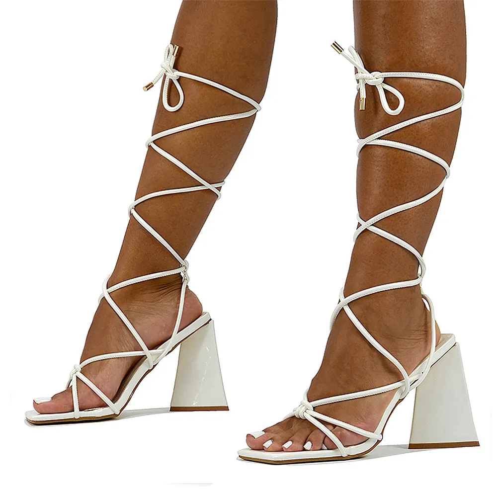 Krystal Strappy Lace Up Square Toe Flared Block High Heel in White Patent