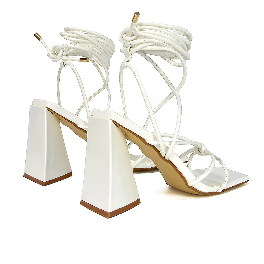 Krystal Strappy Lace Up Square Toe Flared Block High Heel in White Patent