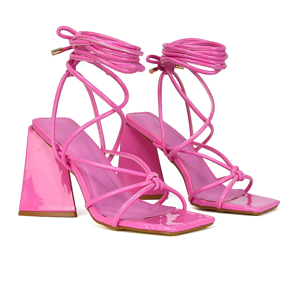 Krystal Strappy Lace Up Square Toe Flared Block High Heel in White Patent