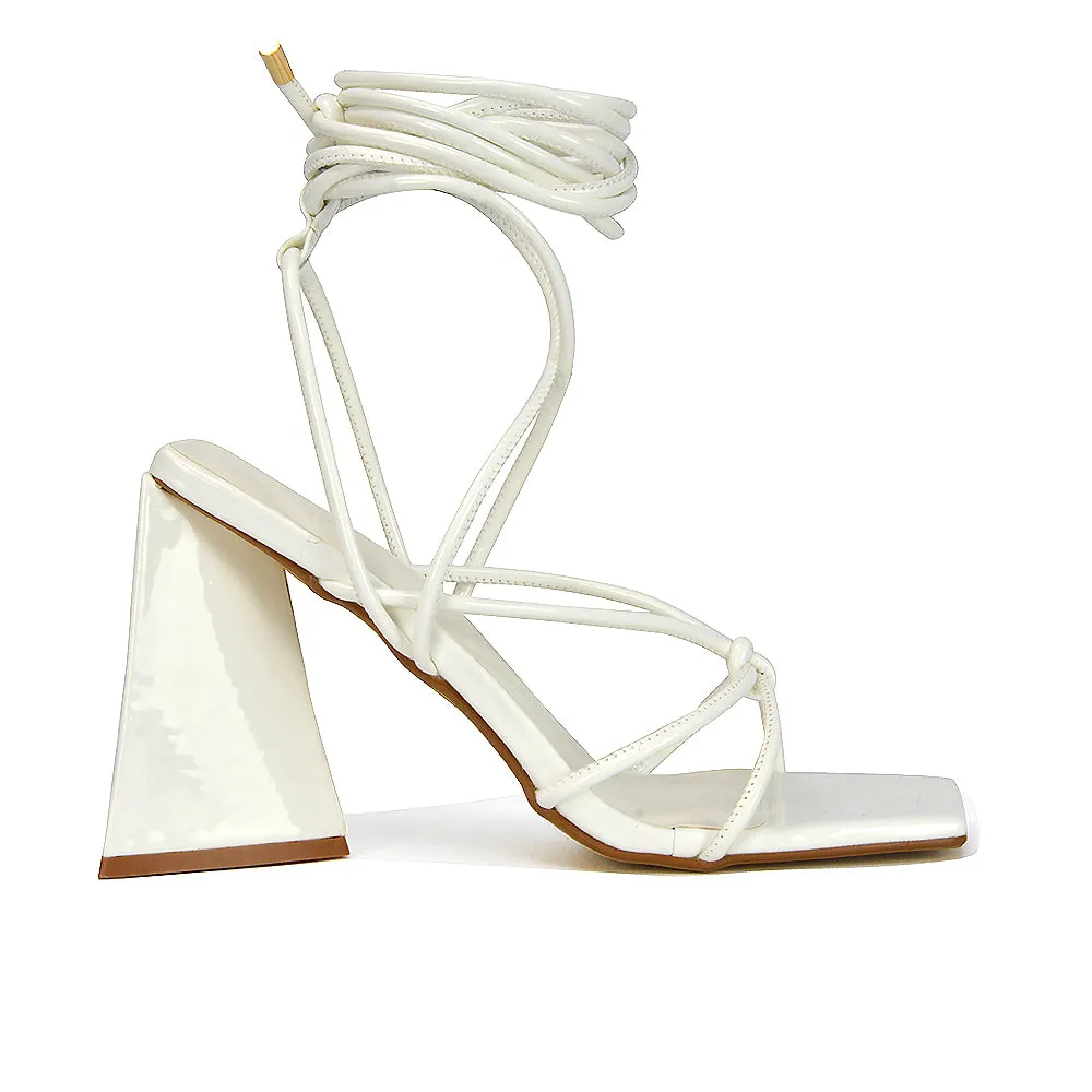 Krystal Strappy Lace Up Square Toe Flared Block High Heel in White Patent