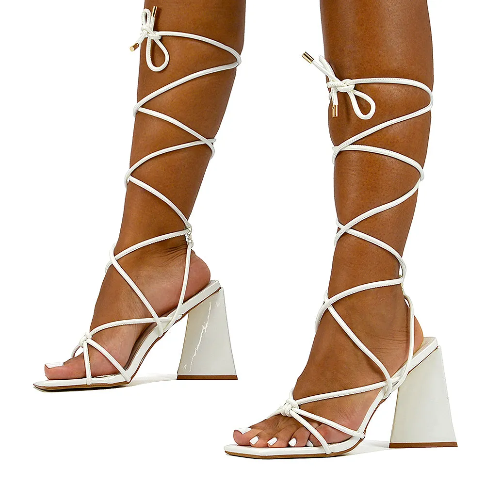 Krystal Strappy Lace Up Square Toe Flared Block High Heel in White Patent