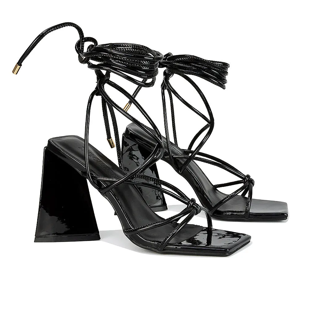 Krystal Strappy Lace Up Square Toe Flared Block High Heel in White Patent