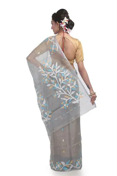 Light Grey Muslin Jamdani Resham Silk Saree
