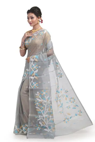 Light Grey Muslin Jamdani Resham Silk Saree