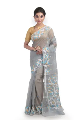 Light Grey Muslin Jamdani Resham Silk Saree