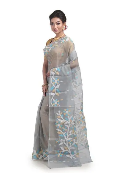 Light Grey Muslin Jamdani Resham Silk Saree
