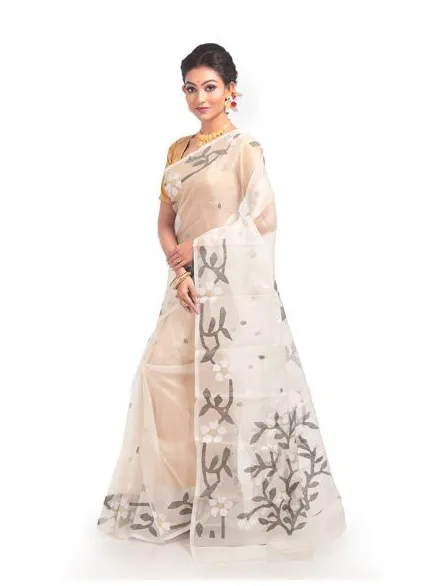 Off White Pure Resham Silk Muslin Jamdani Saree
