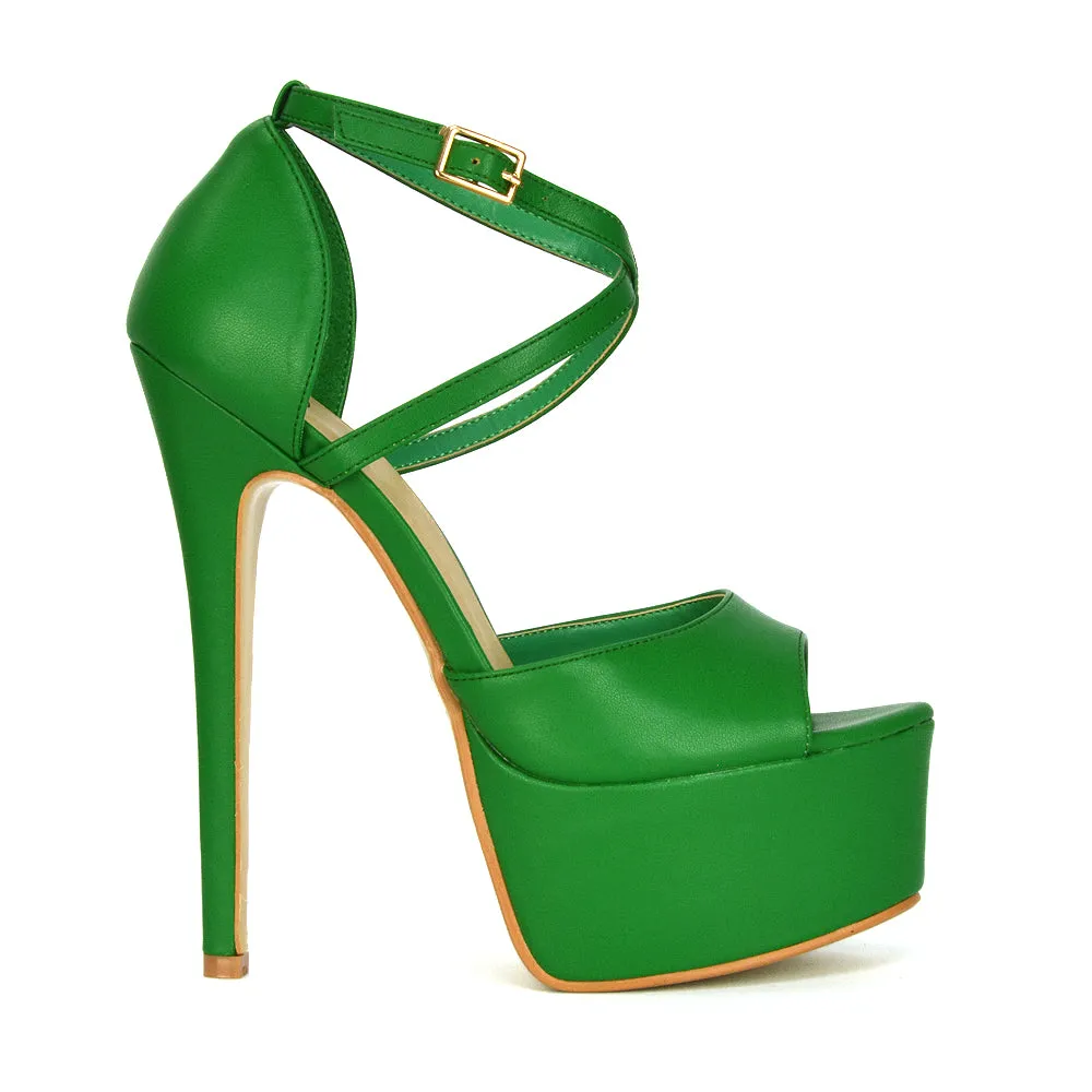 Suzanna Strappy Platform Stiletto Peep Toe High Heels Sandals in Ocean Blue Patent