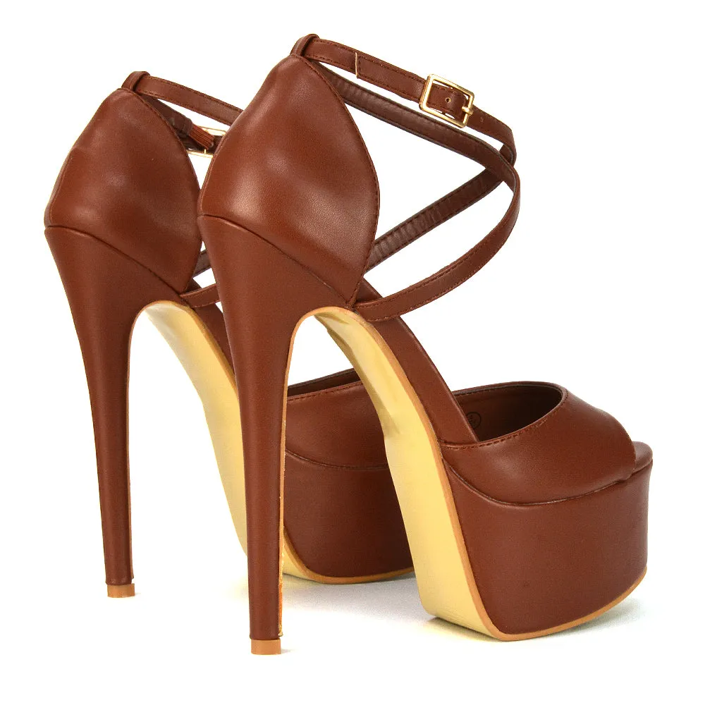 Suzanna Strappy Platform Stiletto Peep Toe High Heels Sandals in Ocean Blue Patent