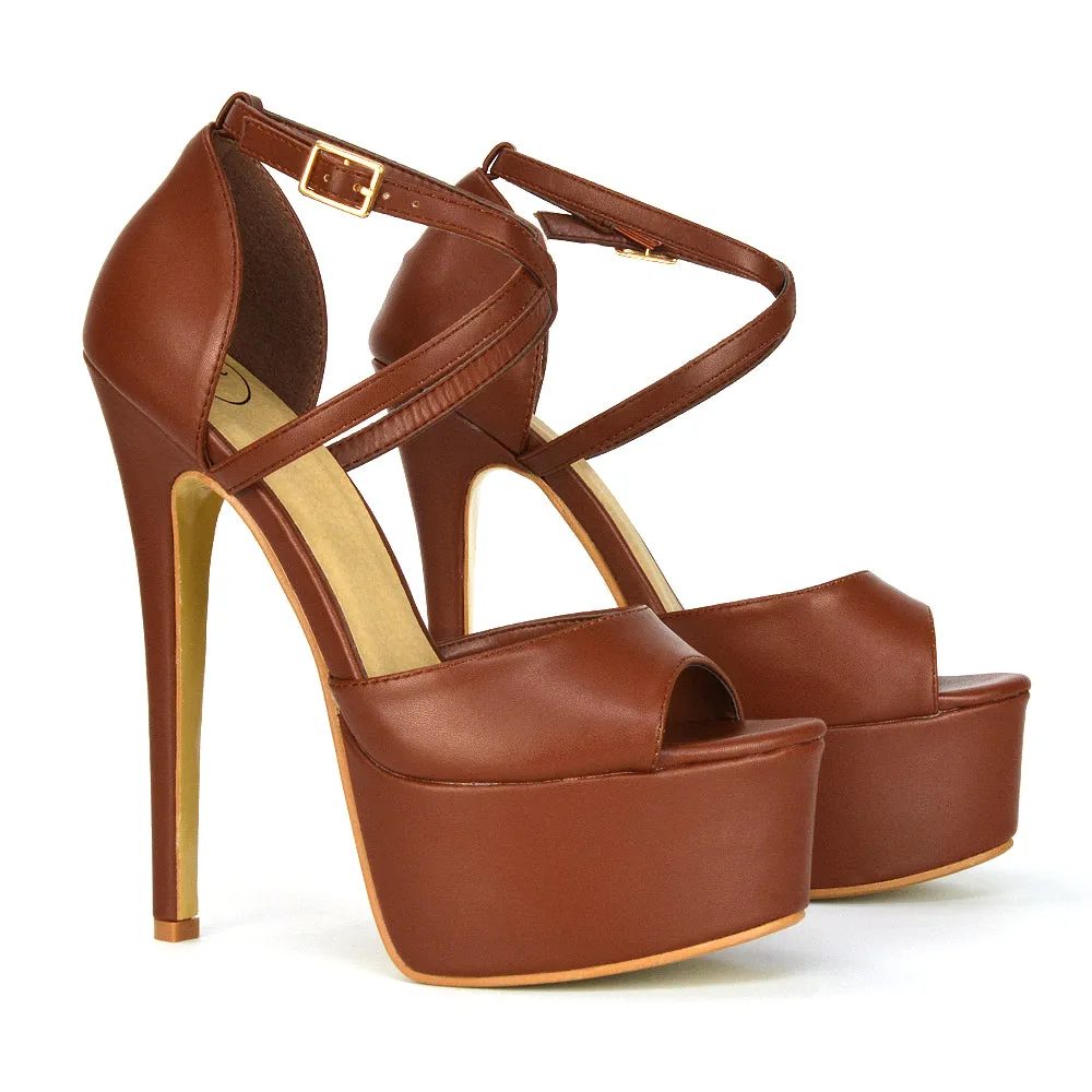 Suzanna Strappy Platform Stiletto Peep Toe High Heels Sandals in Ocean Blue Patent