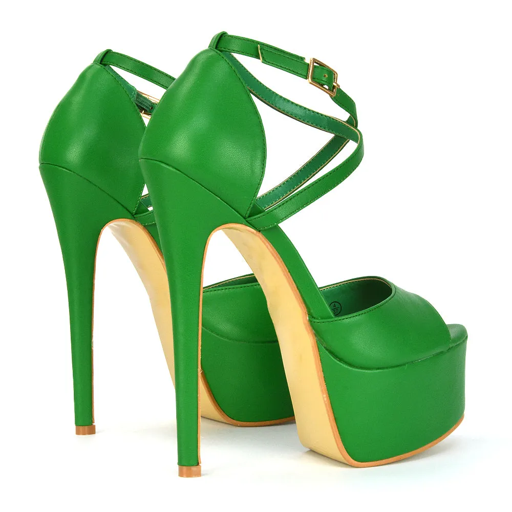 Suzanna Strappy Platform Stiletto Peep Toe High Heels Sandals in Ocean Blue Patent