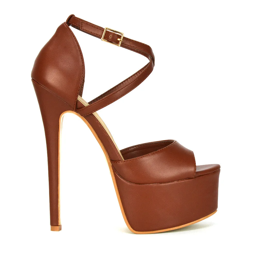 Suzanna Strappy Platform Stiletto Peep Toe High Heels Sandals in Ocean Blue Patent