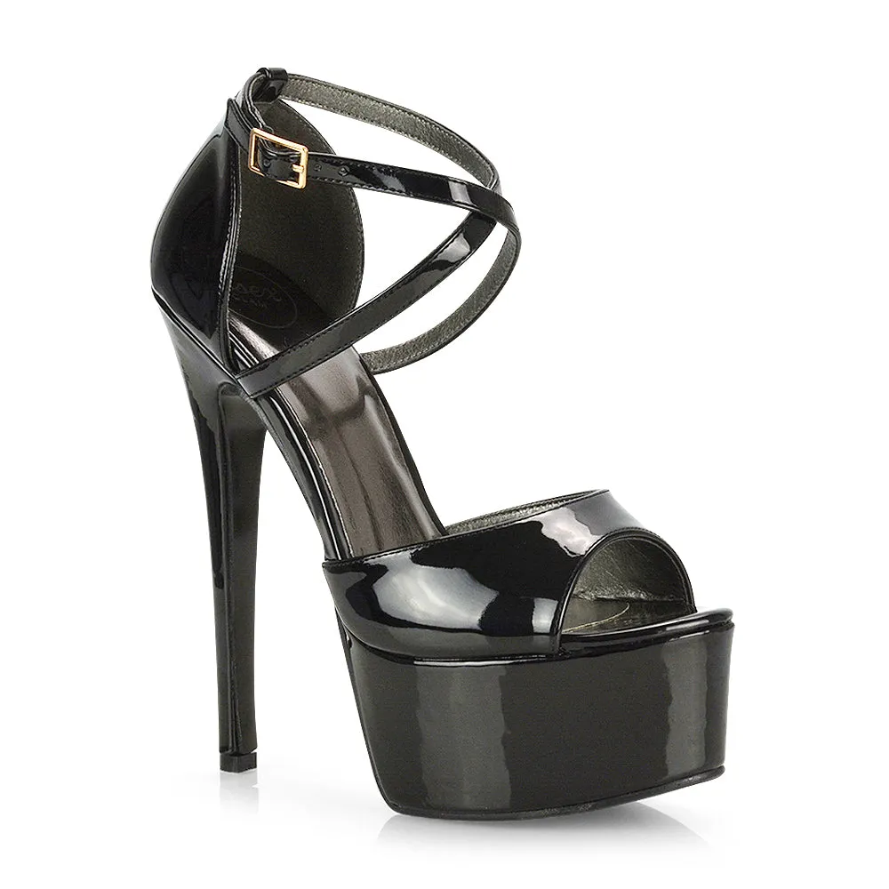 Suzanna Strappy Platform Stiletto Peep Toe High Heels Sandals in Ocean Blue Patent