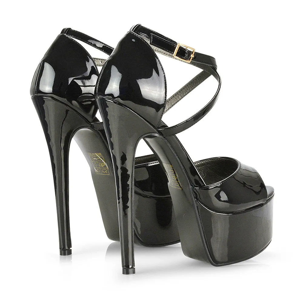 Suzanna Strappy Platform Stiletto Peep Toe High Heels Sandals in Ocean Blue Patent