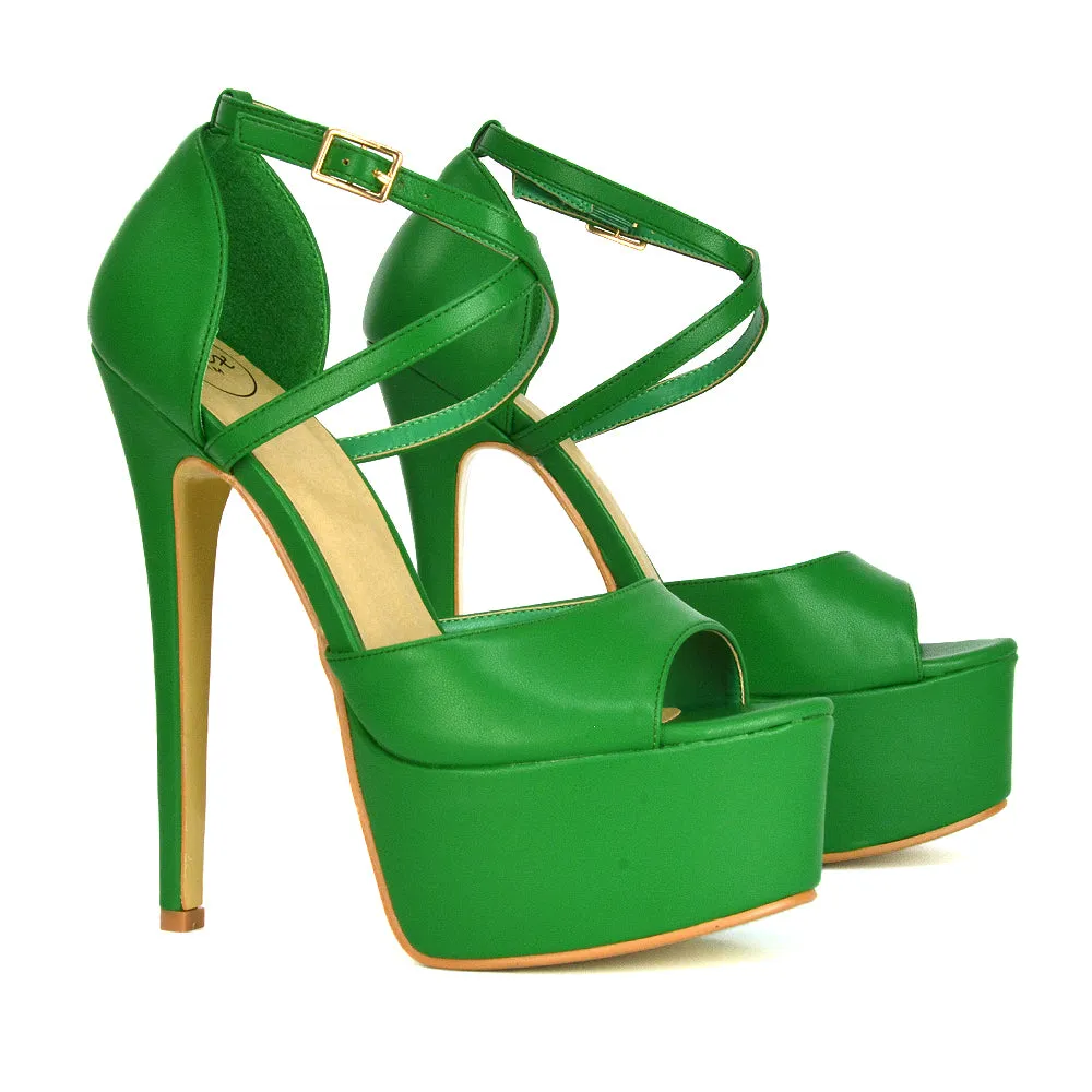 Suzanna Strappy Platform Stiletto Peep Toe High Heels Sandals in Ocean Blue Patent