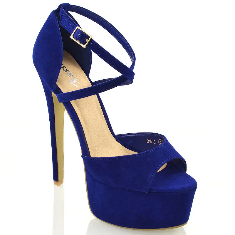 Suzanna Strappy Platform Stiletto Peep Toe High Heels Sandals in Ocean Blue Patent