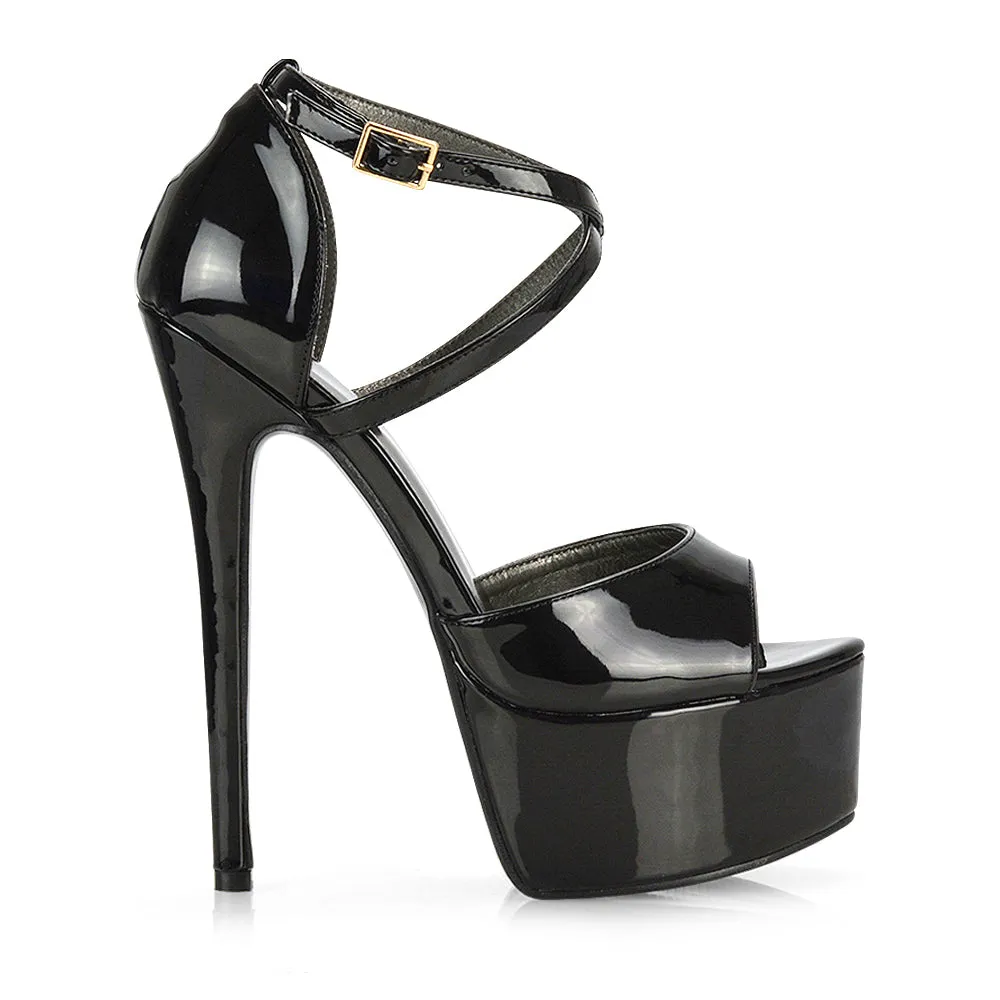 Suzanna Strappy Platform Stiletto Peep Toe High Heels Sandals in Ocean Blue Patent
