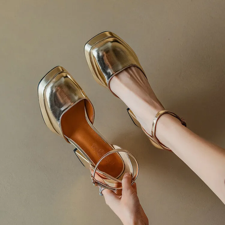 Women's Square Toe Patent Rhinestone Ankle Strap Block Heel Platform Sandals